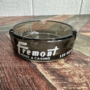 Vintage Hotel Fremont Las Vegas NV Black Clear Glass Ashtray